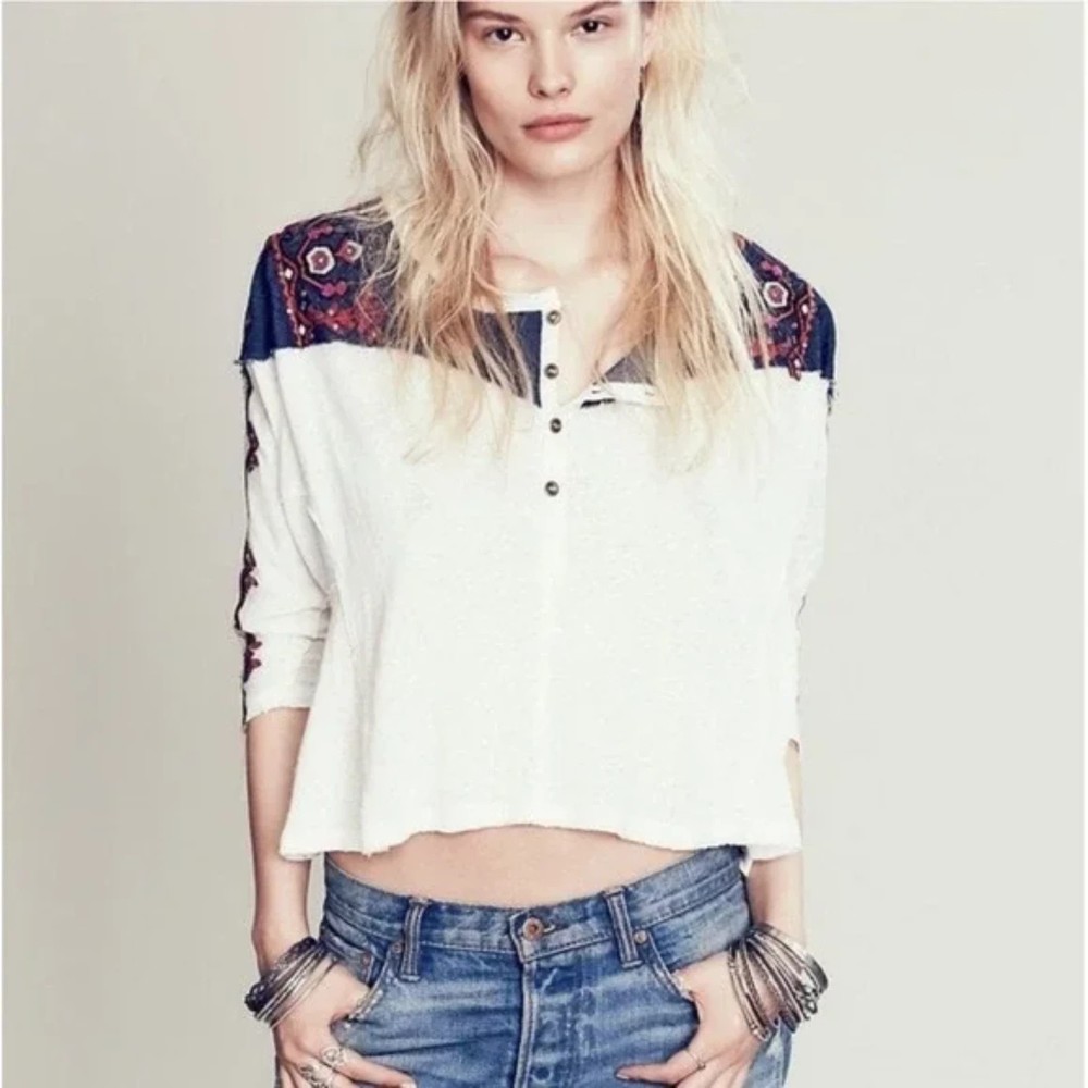 We the Free Rio Embroidered Henley Top in White